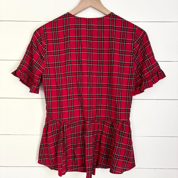 Madewell NWOT red plaid short sleeve button down 3/4 down with ruffle bottom - Picture 4 of 5